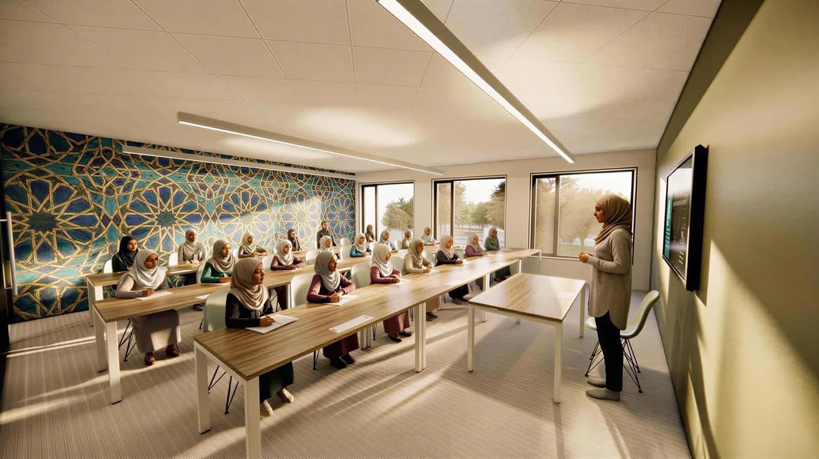 Elever i klasserommet i den nye skolen